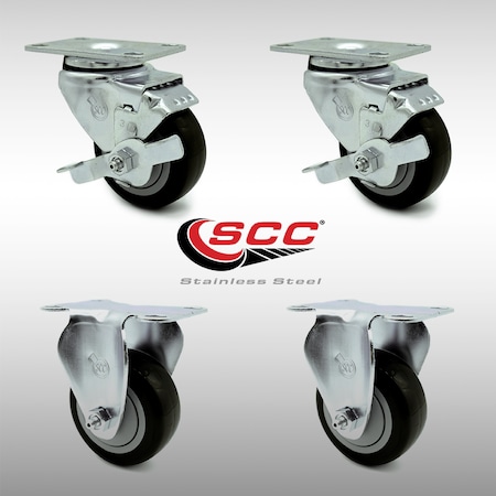 Service Caster 3.5 Inch SS Black Polyurethane Top Plate Caster Set with 2 Brake 2 Rigid SCC SCC-SS20S3514-PPUB-BLK-TLB-2-R3514-2